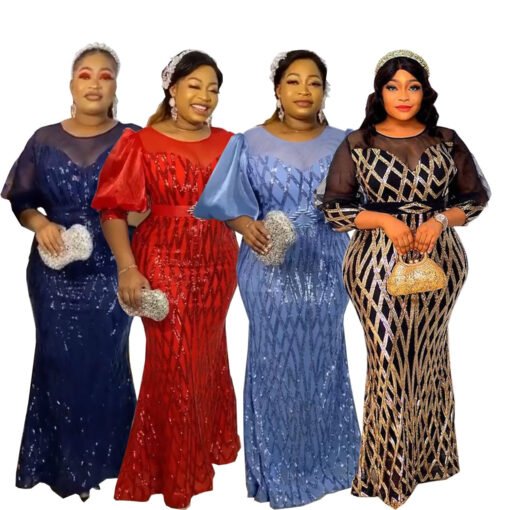 Vapetix L-XXXL  European, American and African Fashion Women's Sequin Mesh Evening Dress Slim-fit Long Dress for Cr - 图片 2