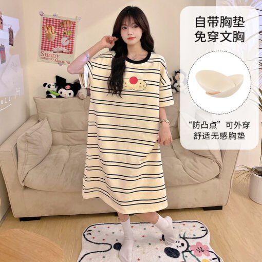 Vapetix M-XXL  Women's Summer Short-sleeved Crewneck Nightdress with Chest Pad New Arrival Striped Cartoon dress O - 图片 6