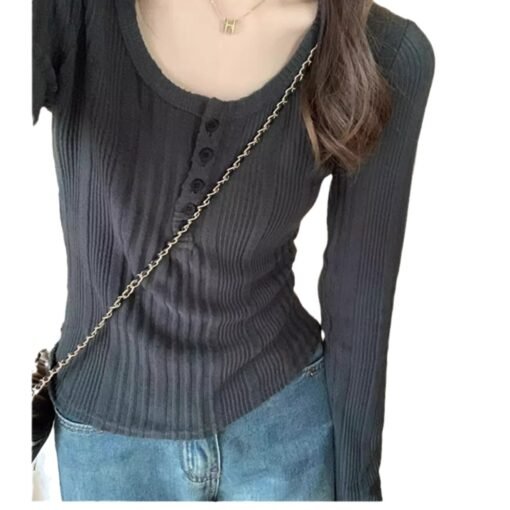 Vapetix S-XL  American-style Half-open Collar Long-sleeved T-shirt Women's Winter New Spice Girls Pure Desire Sty - 图片 4