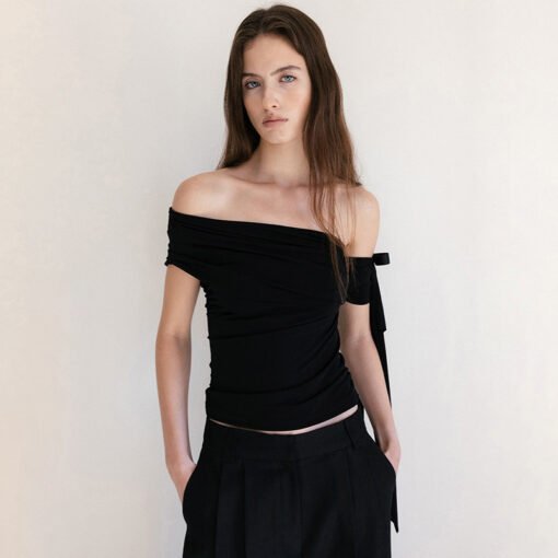 Vapetix S-L  Oblique Shoulder Strap Design Knitted Slim Top Temperament Royal Sister Shoulder Pleated Pure Short - Image 2