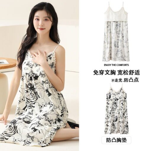 Vapetix M-XXL  Nightgown Women's Summer 2025 New Sweet Pure Style Sexy Strap Skirt Pajamas with Chest Pad Integrat - Image 5