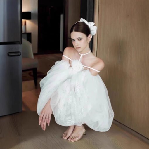 Vapetix S-L  2025ss Vietnam Niche OI @ Stereo Flower Off-shoulder Loose dress Mesh Tutu Dress Flower Bud Dress - 图片 4