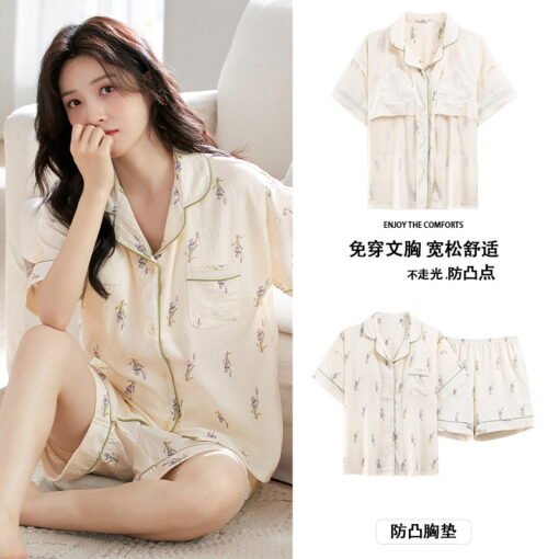 Vapetix M-XXL  Pajamas Women's Summer New Cardigan Clouds Cotton Short-sleeved Shorts with Chest Pad Sweet Cute In - 图片 3