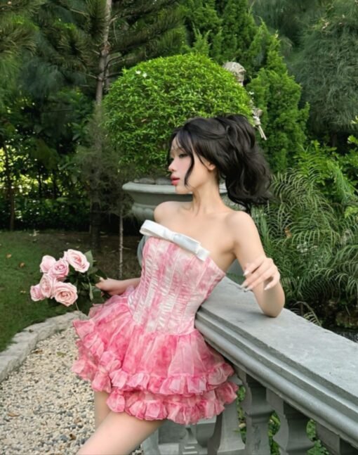 Vapetix S-L  Vietnamese Niche LANECI 25ss Strapless Fishbone Waist Bow dress Sweet Spicy Style Tutu Dress Sweet - 图片 5