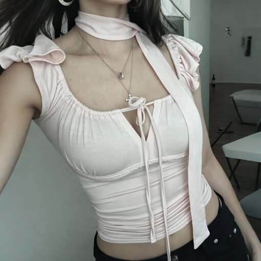 Vapetix S-L  Pink Gentle Small-sleeved Short-sleeved T-shirt Women's French Style Lace Scarf Girly Style Strap T - 图片 4