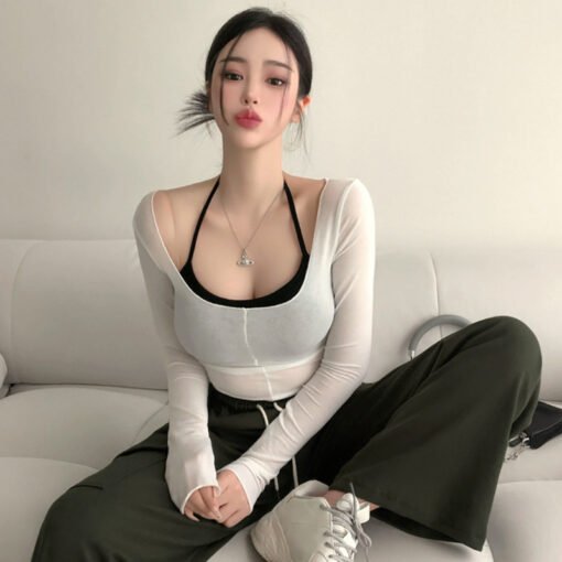 Dongdaemun Figure Halterneck Vest And Slightly Transparent Big Collar Long Sleeve T-shirt Two-piece Set - Image 4