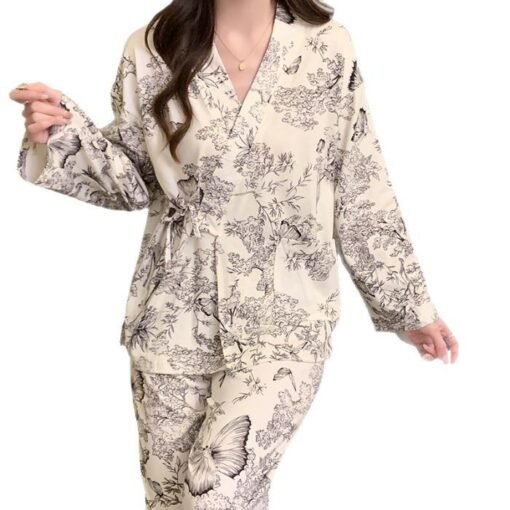 Vapetix M-XXL  Spring and Autumn Pajamas Women's Internet-famous Full-length Flower Kimono Cardigan Long-sleeved T - 图片 3