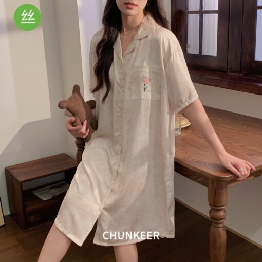 Vapetix M-XXL  Ice Silk Nightgown with Chest Pad Women's Summer Cardigan Mid-length Dress Sexy Pajamas Short-sleev - 图片 3
