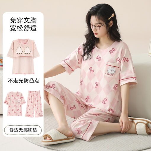Vapetix M-XXXL  Chest Pad Pajamas Women's Summer Short-sleeved Capri Pants suit Home Clothes Student Thin Cartoon C - 图片 3