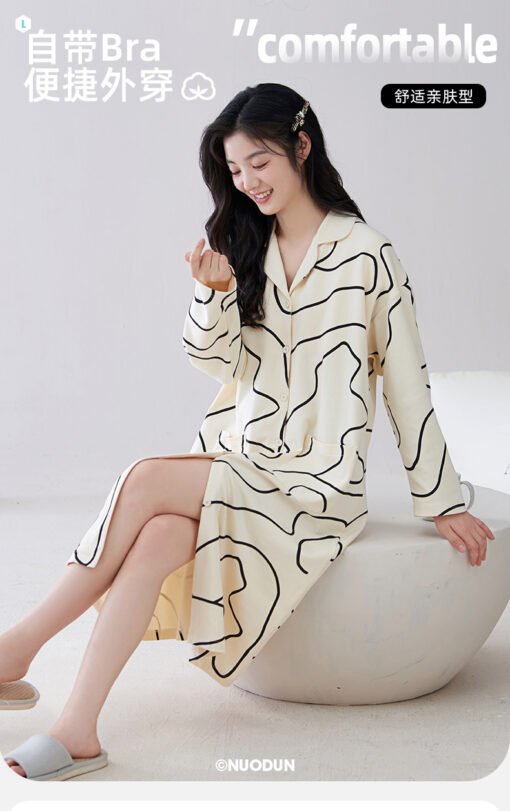 Vapetix M-XXL  Shirt Nightdress Women with Chest Pad Spring and Autumn Long Sleeve Cotton Korean Style Cardigan Au - 图片 3