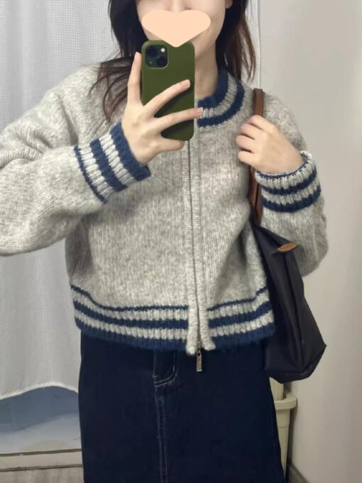 Vapetix S recommends 80-95 pounds-L suggests 110-130 pounds  2025 autumn and winter new zipper cardigan short color matching round neck loose top striped wester - Image 7