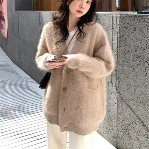Vapetix One size fits all-One size fits all  Korean Style Women's Soft Waxy Lazy V-neck Knitted Cardigan Women's Autumn and Winter New Imitation - 图片 7