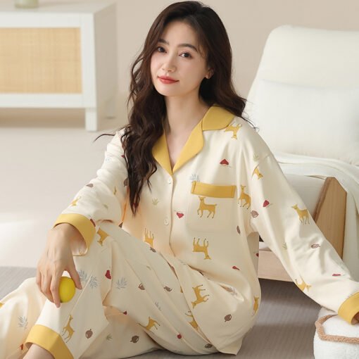 Vapetix M-XXXL  New Pajamas Women's Autumn and Winter Long-sleeved Trousers suit CVC6040 Cotton Women's Lapel Cardi - 图片 6