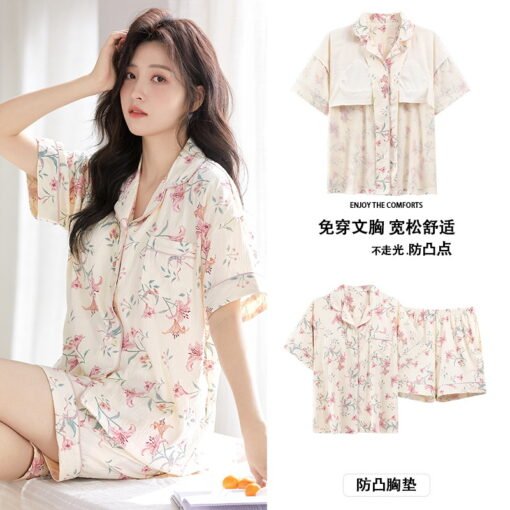 Vapetix M-XXL  Pajamas Women's Summer New Cardigan Clouds Cotton Short-sleeved Shorts with Chest Pad Sweet Cute In - 图片 4