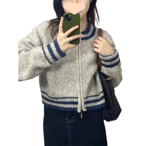 Vapetix S recommends 80-95 pounds-L suggests 110-130 pounds  2025 autumn and winter new zipper cardigan short color matching round neck loose top striped wester - Image 8