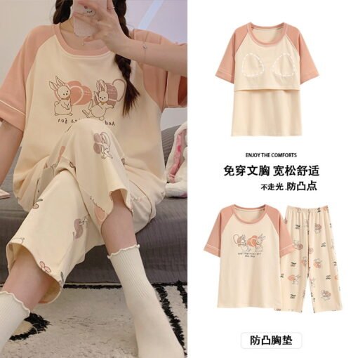 Vapetix M [Suggest 80-100 pounds]-XXL [Recommended 140-160 pounds]  Summer Short-sleeved Cropped Pants with Chest Pad Loose High-grade Cotton Pajamas Sweet Cute Casual - 图片 3