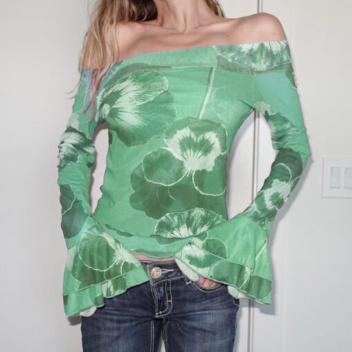 Vapetix S-L  Vacation Style Mesh Horn Sleeve off-shoulder Long Sleeve T-shirt Clear Age-reducing Cute Flower Lig - 图片 4
