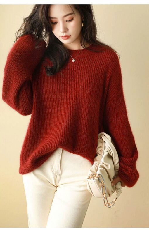 Vapetix Within M-100 pounds-XXL-160 pounds or less  Autumn and Winter New 100 Pure Wool New Year Red Crewneck Women's Base Shirt Loose Lazy Style Brigh - 图片 4