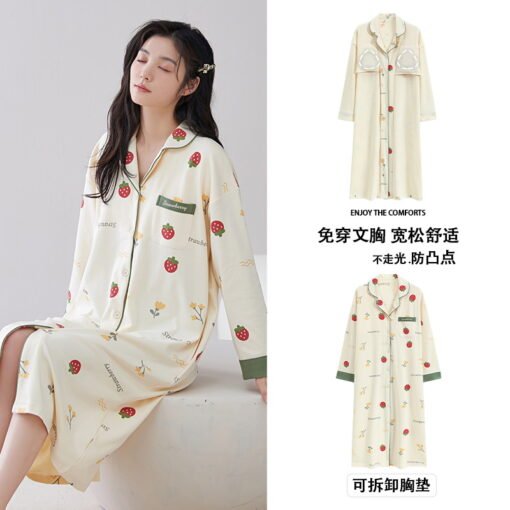 Vapetix M-XXL  Shirt Nightdress Women with Chest Pad Spring and Autumn Long Sleeve Cotton Korean Style Cardigan Au - 图片 4