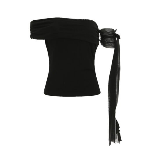 Vapetix S-L  Oblique Shoulder Strap Design Knitted Slim Top Temperament Royal Sister Shoulder Pleated Pure Short - Image 3