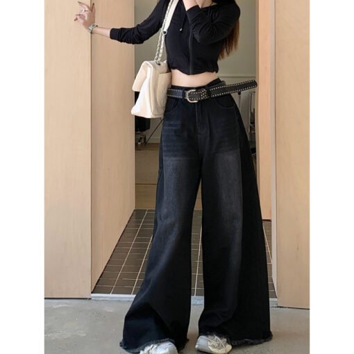 Vapetix XS (recommended 75-84 pounds)-4XL (recommended 160-180 pounds)  American Style Retro Black Jeans Rapped Edge Design Sense Wide Leg Pants Women's Spring and Summer - Image 6