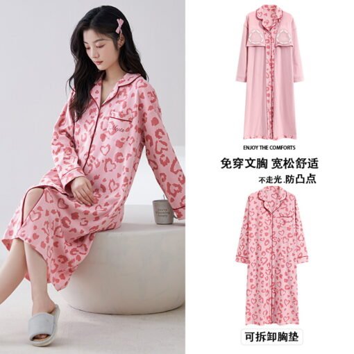 Vapetix M-XXL  Shirt Nightdress Women with Chest Pad Spring and Autumn Long Sleeve Cotton Korean Style Cardigan Au - 图片 5
