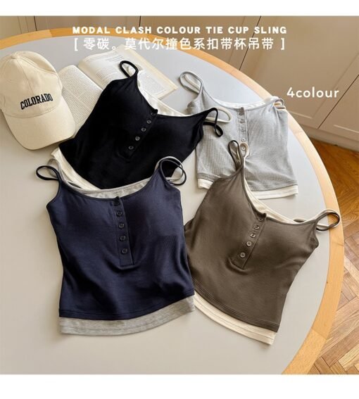 Vapetix One size fits all-One size fits all  Spring and summer 2025 new bottoming shirt modal contrast muse button belt cup fake two-piece camis - 图片 5