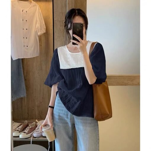 Vapetix ◆ ◇ L recommends 80-115 pounds ◆ ◇-◆ ◇ 4XL recommended 250-300 pounds ◆ ◇  Oversize Women's Chiffon Shirt Lace-Jin Stitching Heavy Industry Design Sense Fat Loose Top Short S - Image 4
