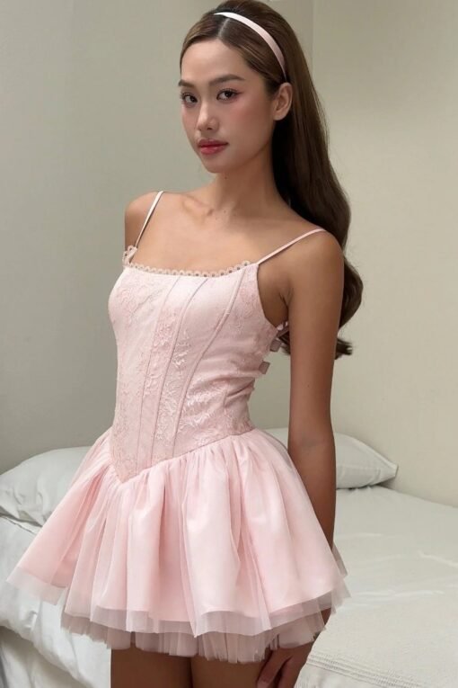 Vapetix S-L  Vietnam Niche Spice Girls Same Style Pink Black Strap Backless Bow Lace Large Swing Jumpsuit 2025ss - 图片 7