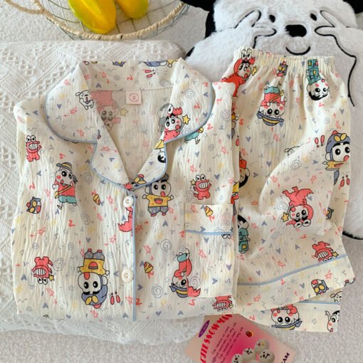 Vapetix M size [recommended 80-100 pounds]-XXL size [recommended 140-160 pounds]  Crayon Shin Pajamas Women's Summer Cotton Gauze Short-sleeved Cartoon Cute Student Cardigan Home Cl - 图片 7
