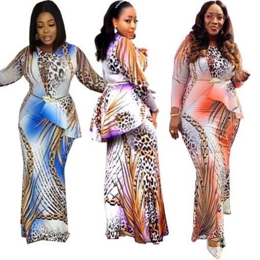 Vapetix L-XXL  Cross-border supply of new color leopard print round neck long sleeve printed dress dress - 图片 4