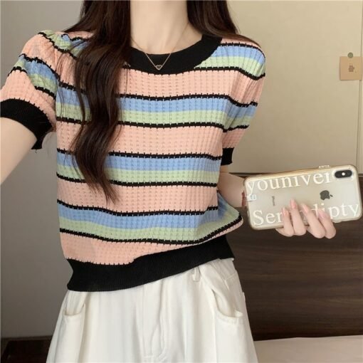 Vapetix ◆ ◇ S recommends 80-95 pounds ◆ ◇-◆ ◇ XL recommends 115-125 pounds ◆ ◇  Korean Style Gentle Style Contrast Color Knitted Shirt Women's Summer New Round Neck Design Sense S - 图片 2