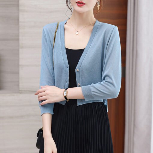 Vapetix One size fits all-One size fits all  2025 Summer Ice Silk Sunscreen Cardigan Women's Thin Short Long-sleeved Loose Outer Shawl Air-condi - Image 5