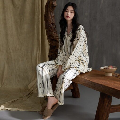 Vapetix M-XXL  Pajamas Women's Spring Autumn and Winter Pure Cotton 2024 Long Sleeve Striped Lace Lapel High-end L - 图片 4