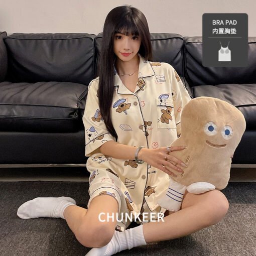 Vapetix M-XXL  Short-sleeved Pajamas with Chest Pad Women's Summer Thin Cartoon Girl Student Lapel Summer Outer-we - 图片 4