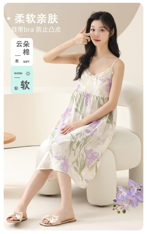 Vapetix M-XXL  Nightgown Women's Summer 2025 New Sweet Pure Style Sexy Strap Skirt Pajamas with Chest Pad Integrat - Image 7