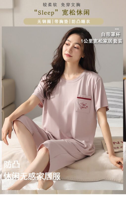 Vapetix M-4XL  Pajamas with Chest Pad Women's Summer Modal Short-sleeved Cropped Pants suit Women's Wear-free Bra - 图片 3