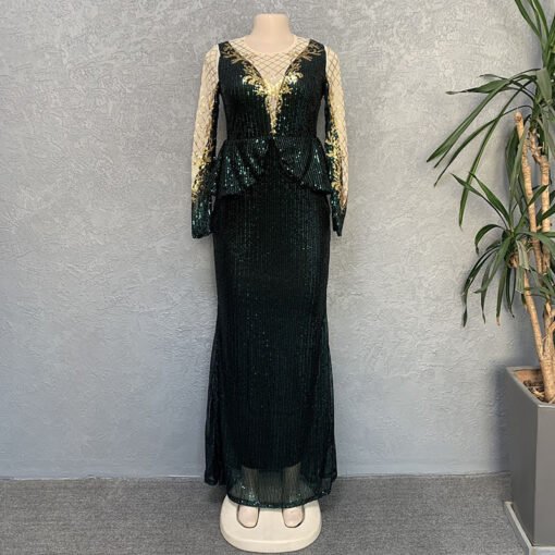 Vapetix L-XXXL  Cross-border Supply Stretch Sequins Embroidered Dress Round Neck Long Sleeve Elegant Evening Dress - 图片 6