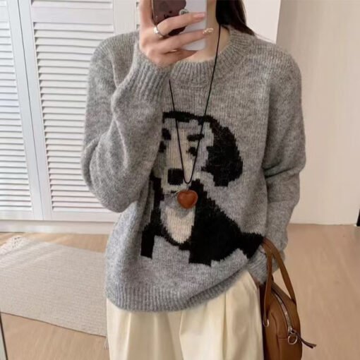 Round Neck Cartoon Pattern Gray Sweater For Women - Image 6