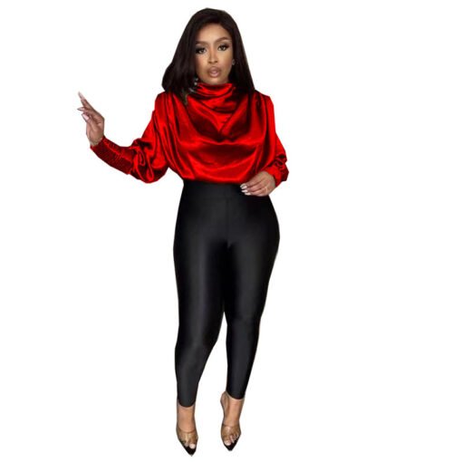 Vapetix M-L-XL-2XL  Foreign Trade Women's Woven Top Fashion Loose High Neck Long Sleeve Slim Short Top Popular in Europ - 图片 7