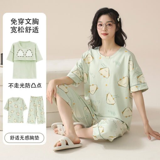 Vapetix M-XXXL  Chest Pad Pajamas Women's Summer Short-sleeved Capri Pants suit Home Clothes Student Thin Cartoon C - 图片 4