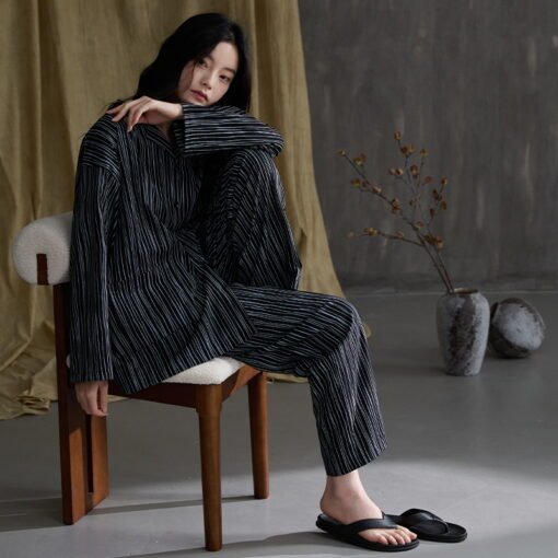Vapetix M-XXL  Pajamas Women's Spring Autumn and Winter Pure Cotton 2024 Long Sleeve Striped Lace Lapel High-end L - 图片 5