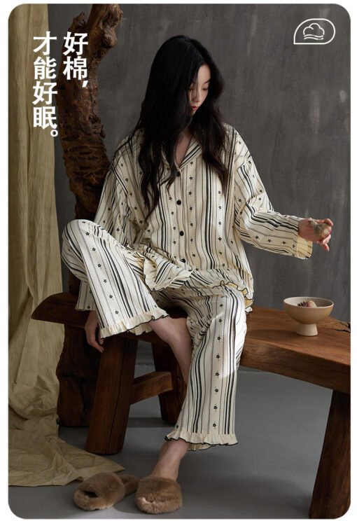 Vapetix M-XXL  Pajamas Women's Spring Autumn and Winter Pure Cotton 2024 Long Sleeve Striped Lace Lapel High-end L - 图片 6