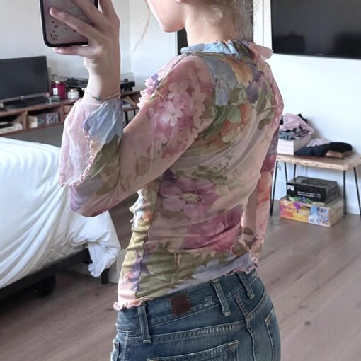 Vapetix S-L  Pastoral Style Flower Long-sleeved T-shirt Women's Foreign Trade New V-neck Strap with Horn Sleeve - 图片 3