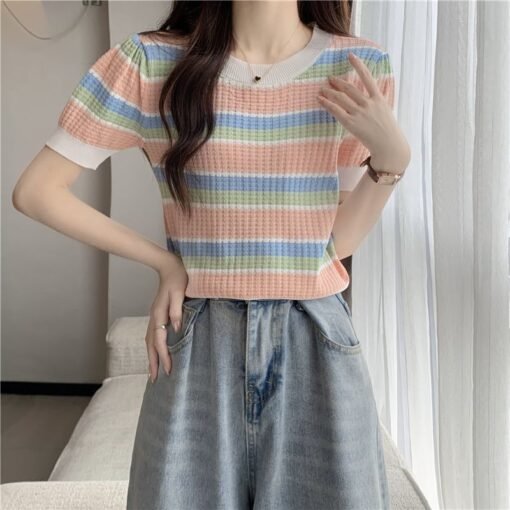 Vapetix ◆ ◇ S recommends 80-95 pounds ◆ ◇-◆ ◇ XL recommends 115-125 pounds ◆ ◇  Korean Style Gentle Style Contrast Color Knitted Shirt Women's Summer New Round Neck Design Sense S - 图片 3