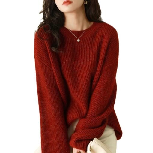 Vapetix Within M-100 pounds-XXL-160 pounds or less  Autumn and Winter New 100 Pure Wool New Year Red Crewneck Women's Base Shirt Loose Lazy Style Brigh - 图片 7