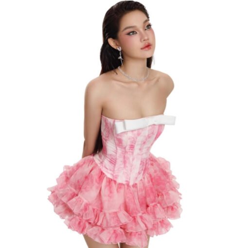 Vapetix S-L  Vietnamese Niche LANECI 25ss Strapless Fishbone Waist Bow dress Sweet Spicy Style Tutu Dress Sweet - 图片 7