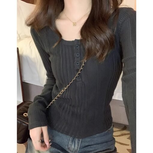 Vapetix S-XL  American-style Half-open Collar Long-sleeved T-shirt Women's Winter New Spice Girls Pure Desire Sty - 图片 5