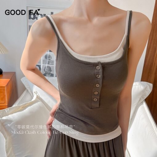 Vapetix One size fits all-One size fits all  Spring and summer 2025 new bottoming shirt modal contrast muse button belt cup fake two-piece camis - 图片 8