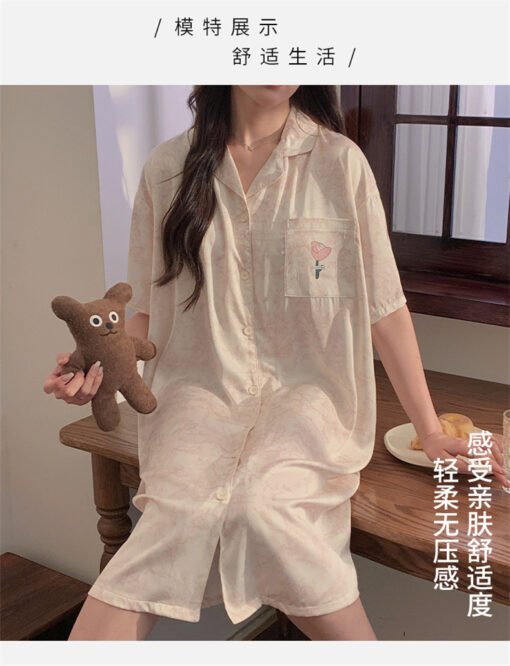 Vapetix M-XXL  Ice Silk Nightgown with Chest Pad Women's Summer Cardigan Mid-length Dress Sexy Pajamas Short-sleev - 图片 6